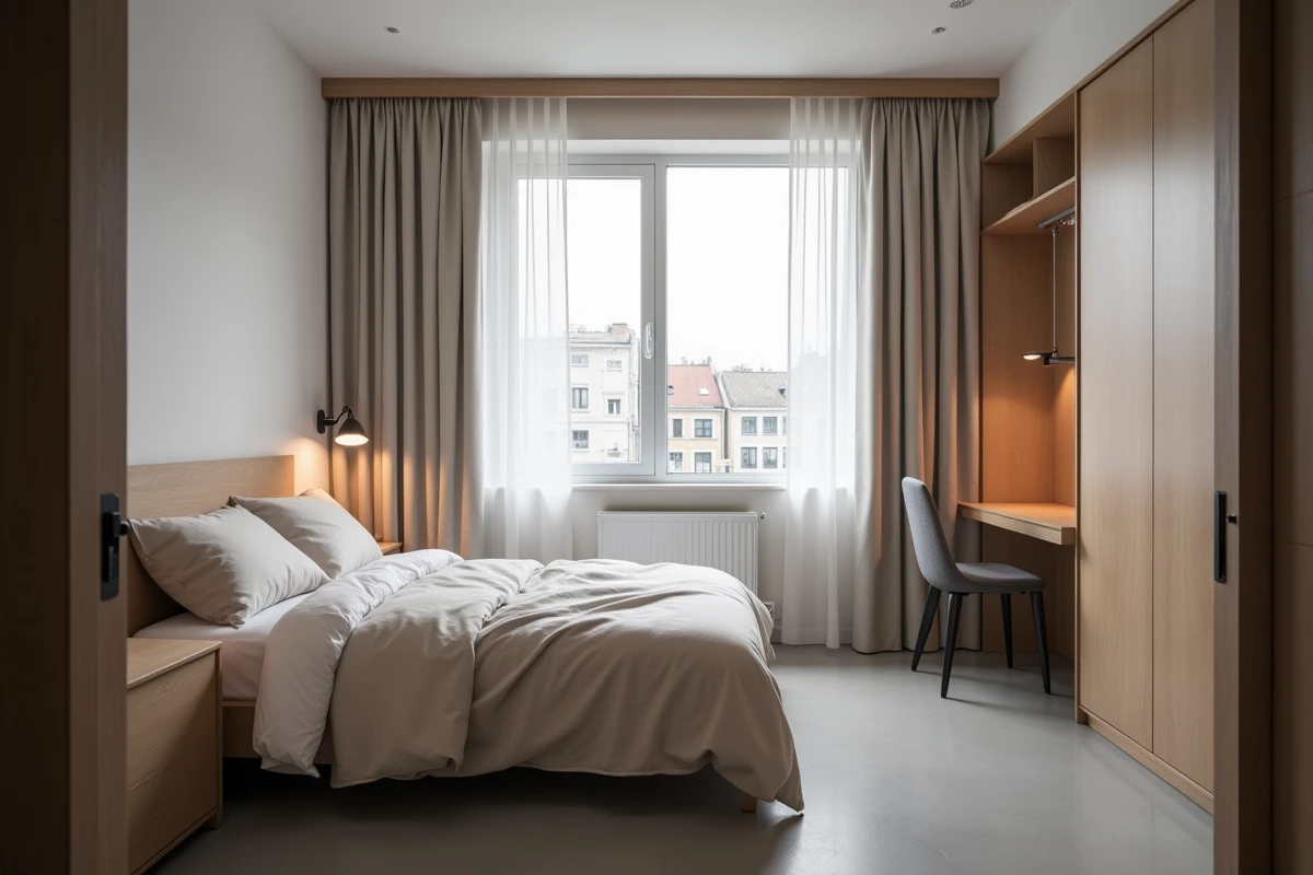 Chambre unique bien aménagée dans un appartement T2, avec lit double, bureau compact et décoration scandinave minimaliste