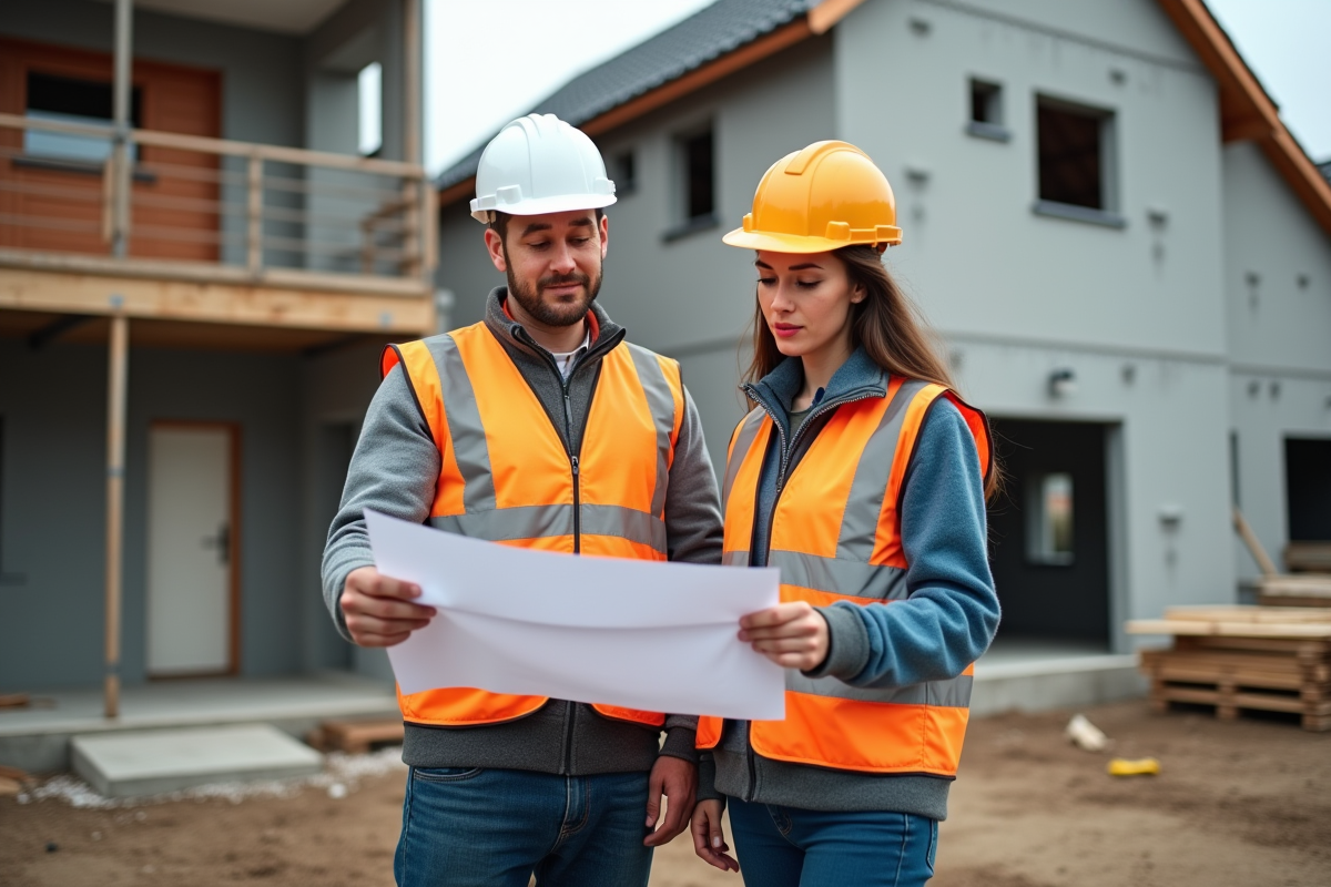 Ouvrier de chantier avec un couple devant une maison en construction