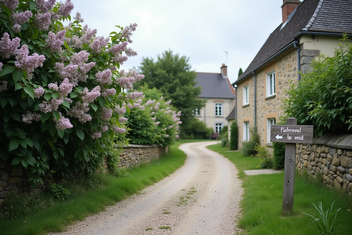 Chemin de village menant à l'impasse des Lilas depuis la place de l'église, haies de lilas en fleur et signalétique rurale, commune d'Aix-Villemaur-Pâlis