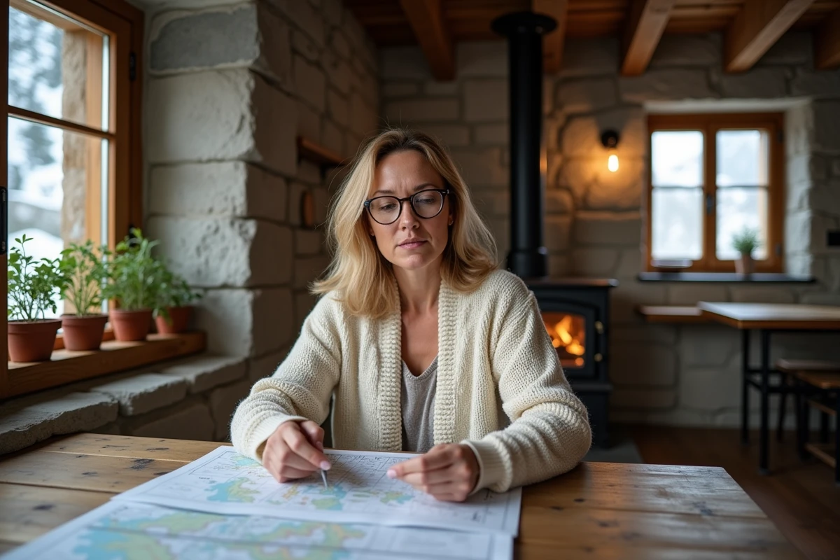 Femme étudiant des documents immobiliers dans une cuisine de ferme alpine traditionnelle avec vue sur les sommets enneigés