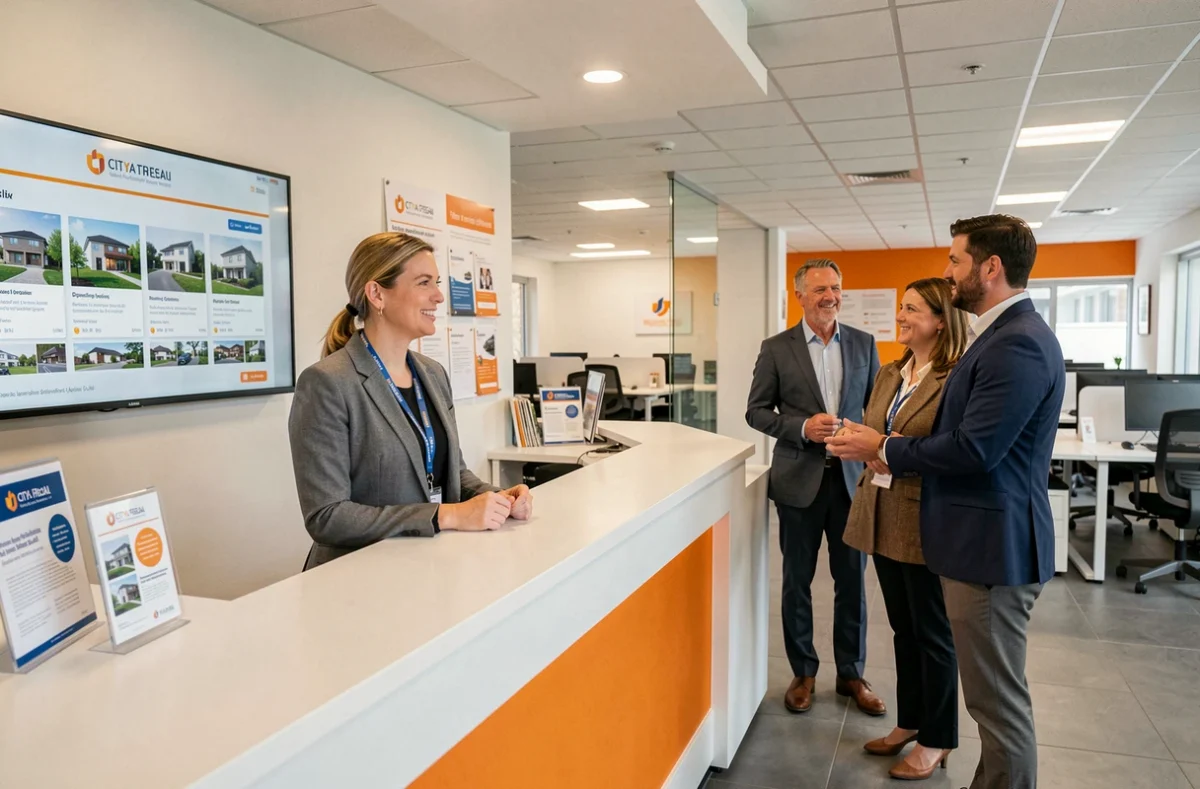 Gestionnaire Citya Immobilier accueillant des copropriétaires dans une agence moderne en Morbihan