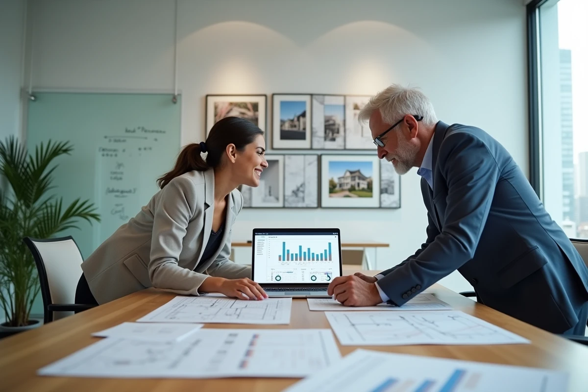 Deux professionnels de l'immobilier collaborant sur un logiciel d'estimation en salle de réunion