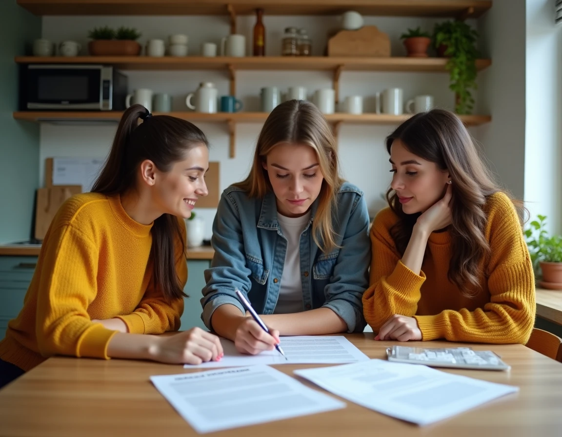 Trois colocataires examinent ensemble un bail solidaire autour d'une table de cuisine, pointant les clauses importantes du contrat de colocation