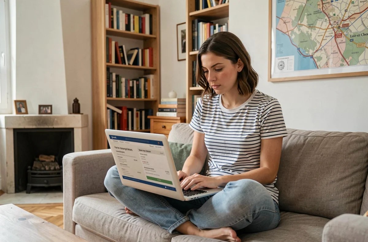 Jeune femme comparant des offres d'assurance habitation en ligne à Blois