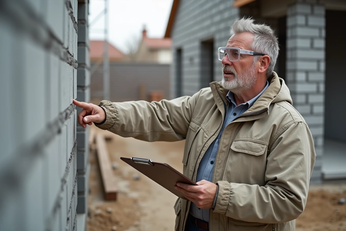 Professionnel du bâtiment comparant un mur en parpaing et un mur en mâchefer sur un chantier de construction résidentielle