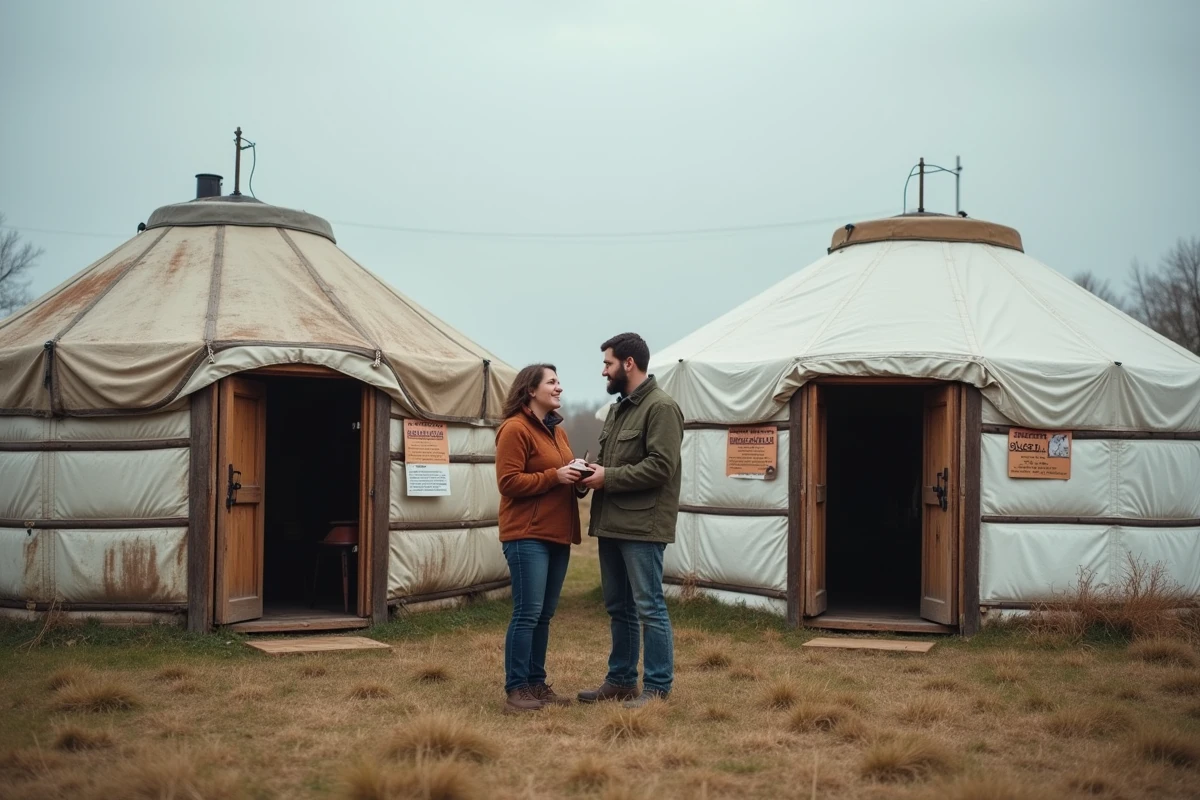 Couple comparant une yourte d'occasion et une yourte neuve côte à côte lors d'un salon spécialisé en plein air, avec étiquettes de prix visibles