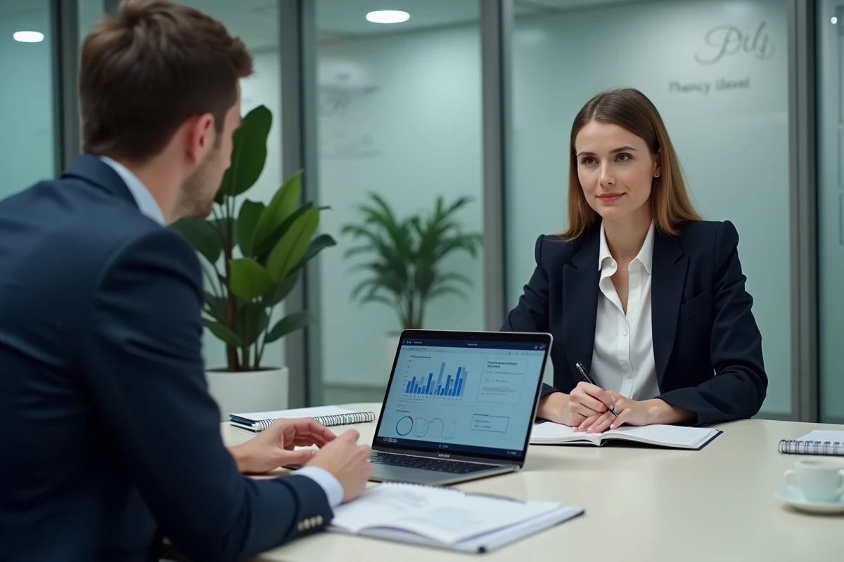 Femme débutante en investissement immobilier consultant un conseiller fiscal dans une agence moderne