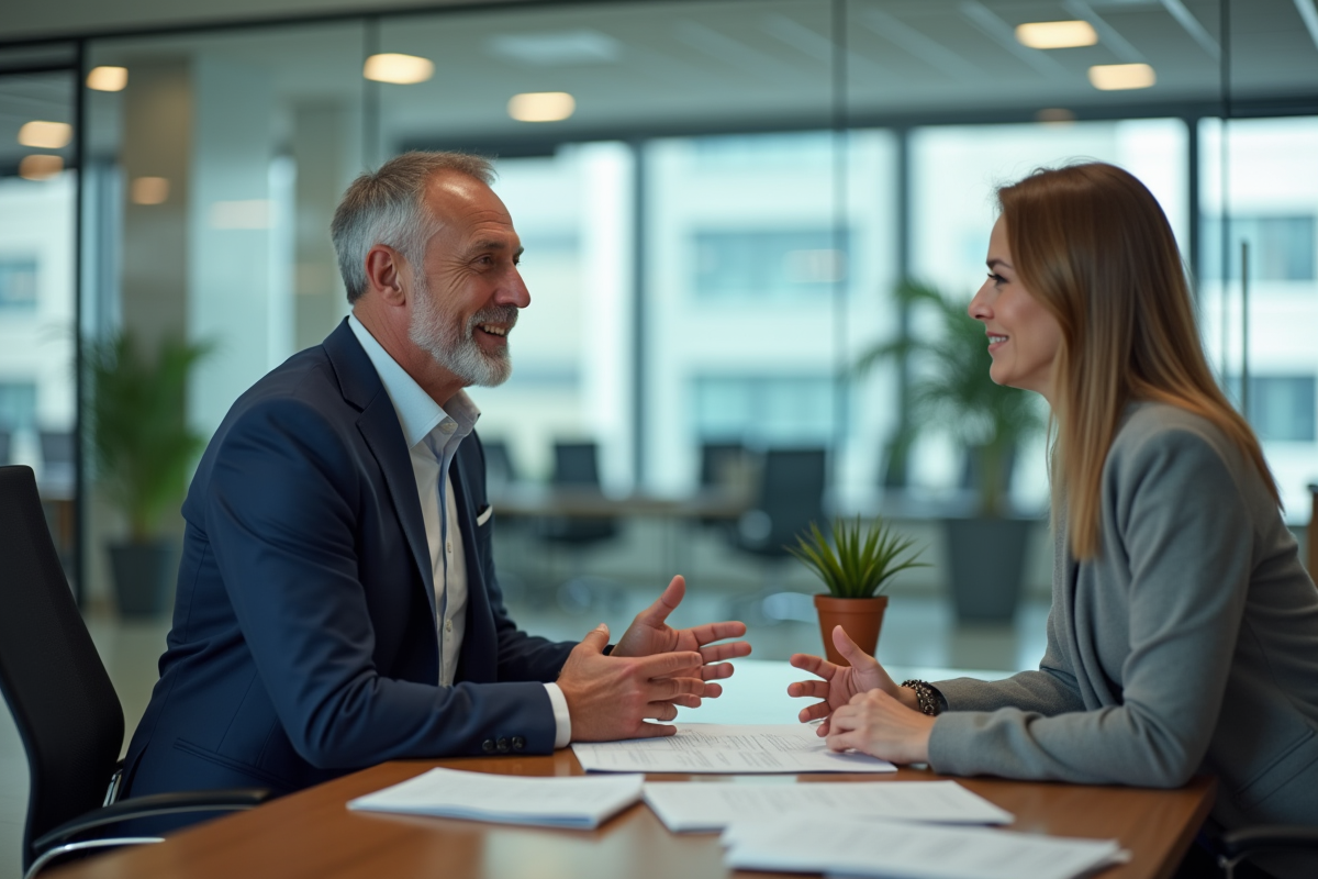 Banquier en costume parle avec un client dans une agence moderne