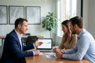 Conseiller immobilier présentant des documents de projet d'investissement à un couple dans une agence moderne