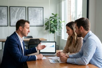 Conseiller immobilier présentant des documents de projet d'investissement à un couple dans une agence moderne