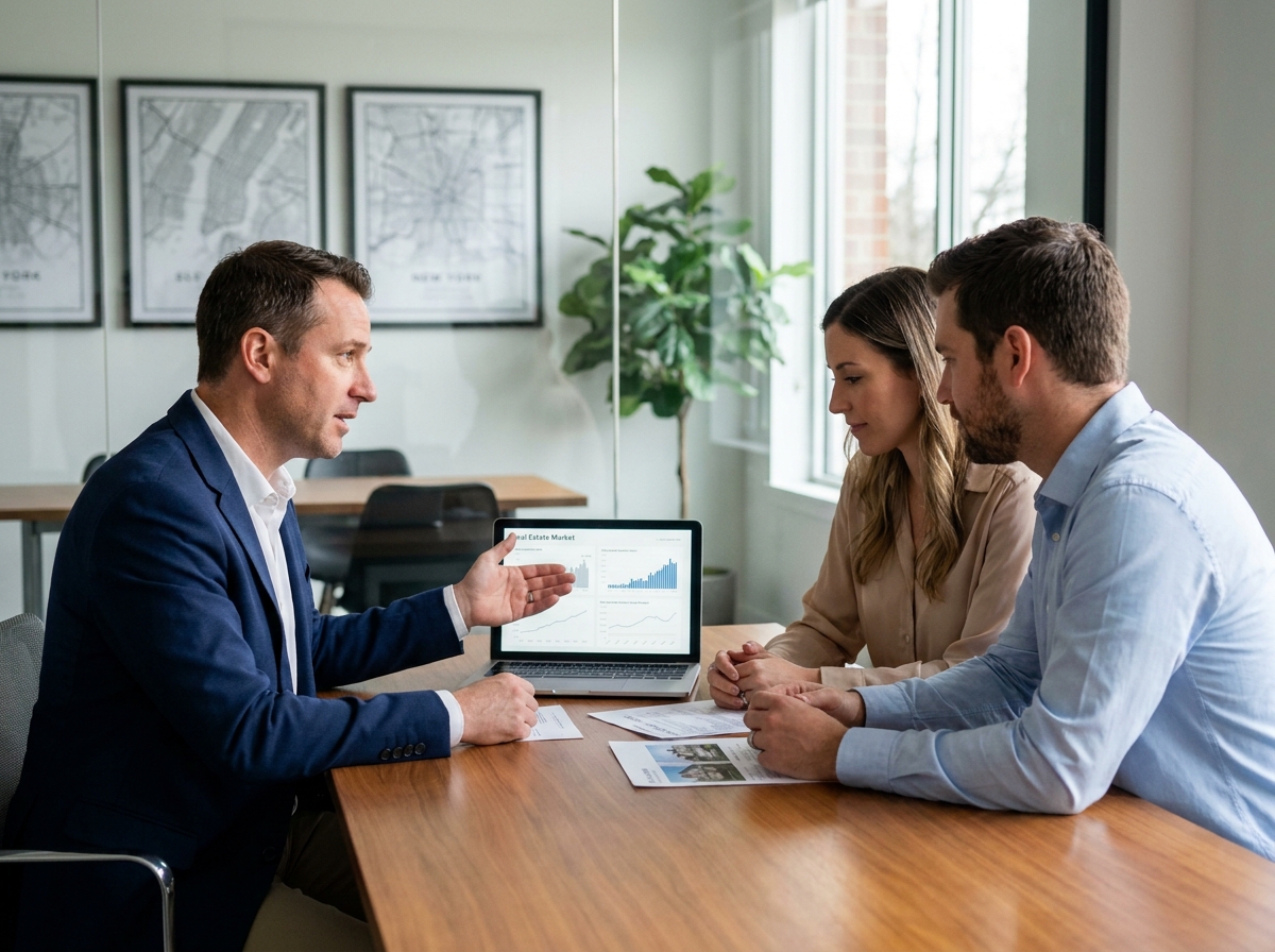 Conseiller immobilier présentant des documents de projet d'investissement à un couple dans une agence moderne