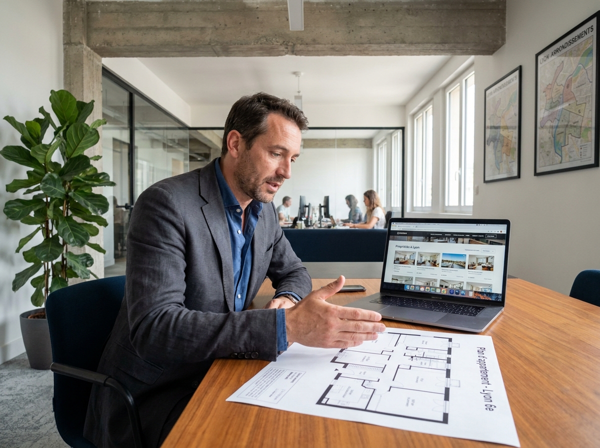 Conseiller immobilier présentant un programme neuf à Lyon dans une agence moderne
