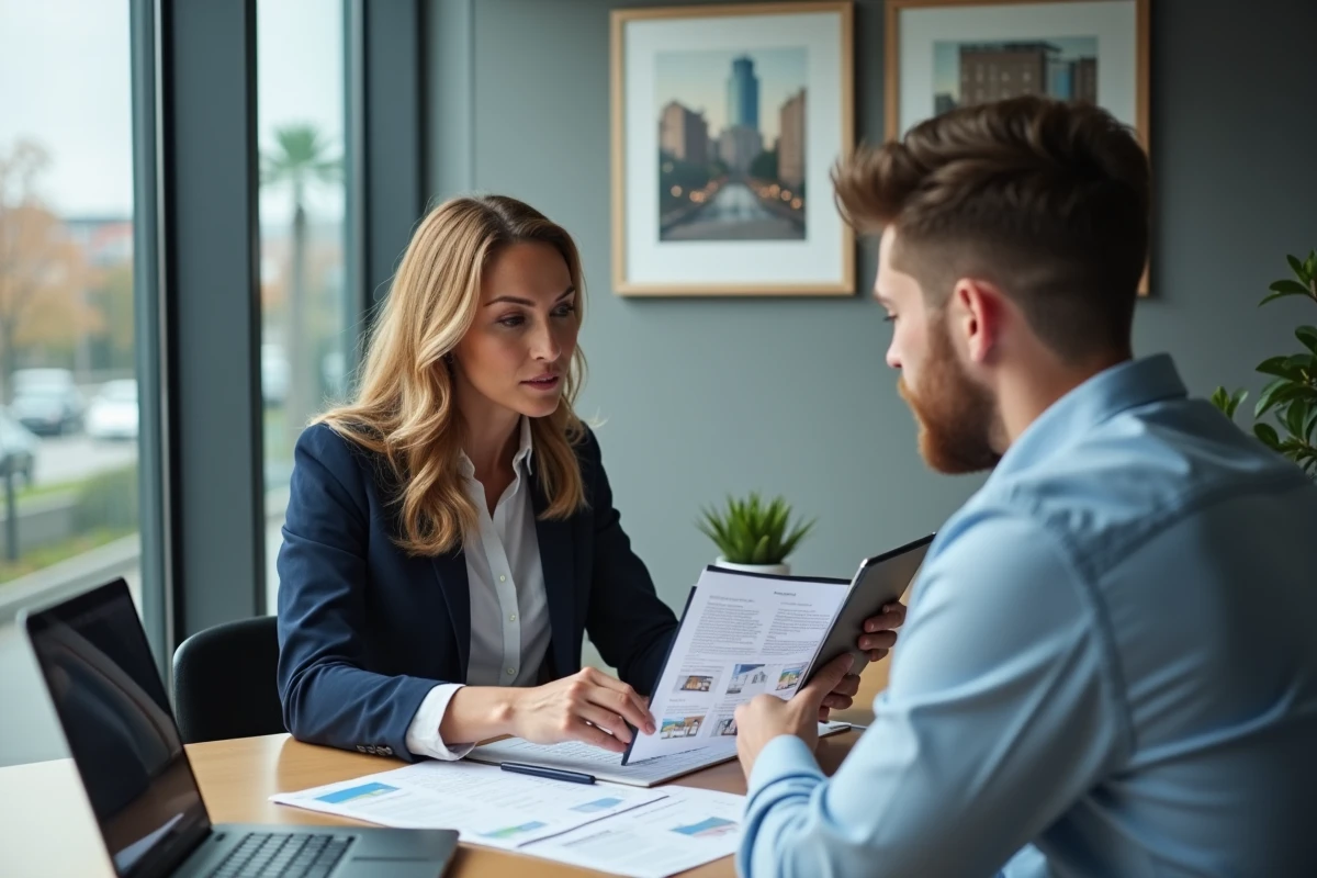 Agent immobilier conseillant un primo-accédant dans un bureau moderne lors d'une consultation pour un achat immobilier