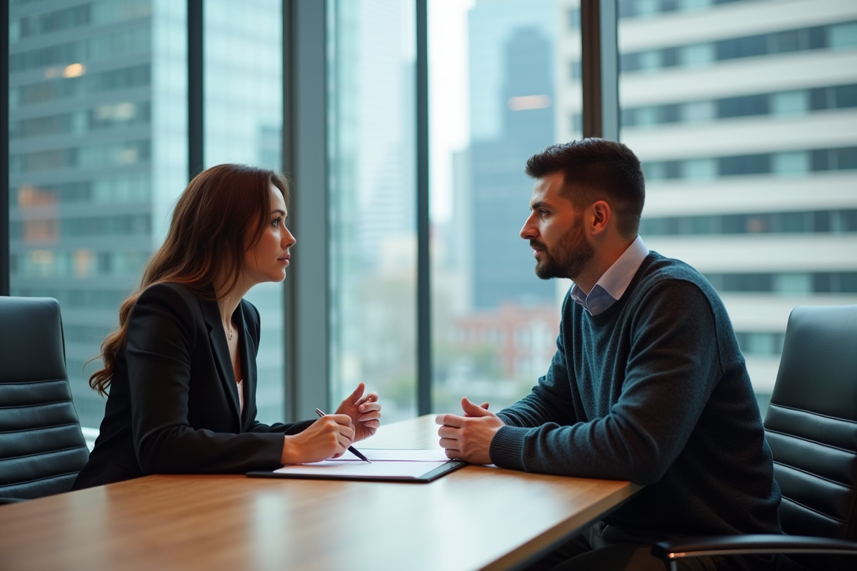 Conseillère en prêt immobilier discutant avec un client dans un bureau moderne