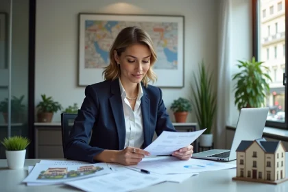 Conseillère immobilière Orpi étudiant un dossier d'investissement locatif dans une agence parisienne moderne