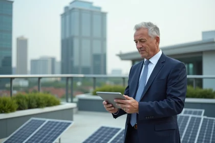 Consultant immobilier en ville sur un rooftop avec bâtiments modernes