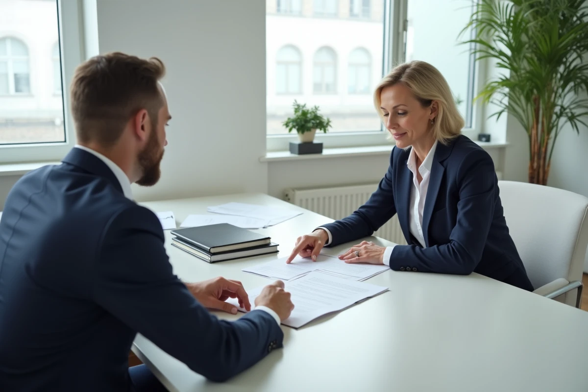 Femme en blazer marine discutant des mentions légales d'une offre d'achat immobilier avec un agent notarial