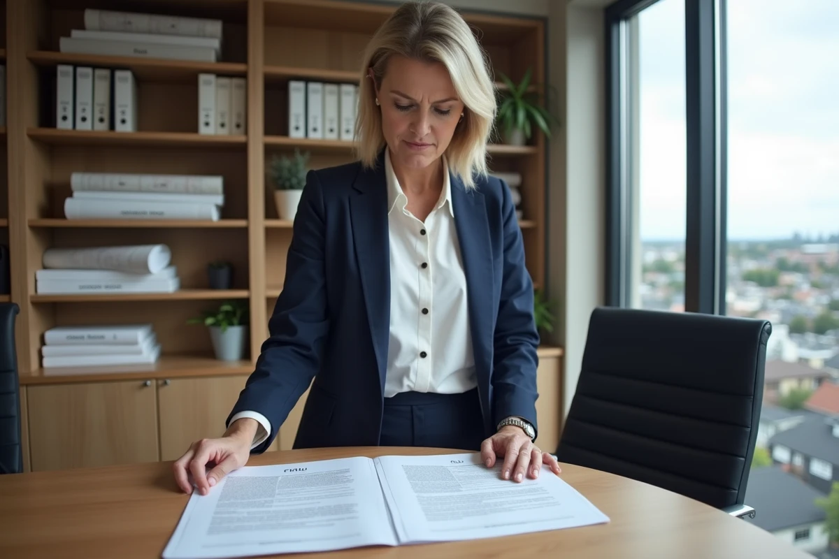 Femme consultant un Plan Local d'Urbanisme dans une mairie en bord de côte, binders administratifs et panorama côtier visibles
