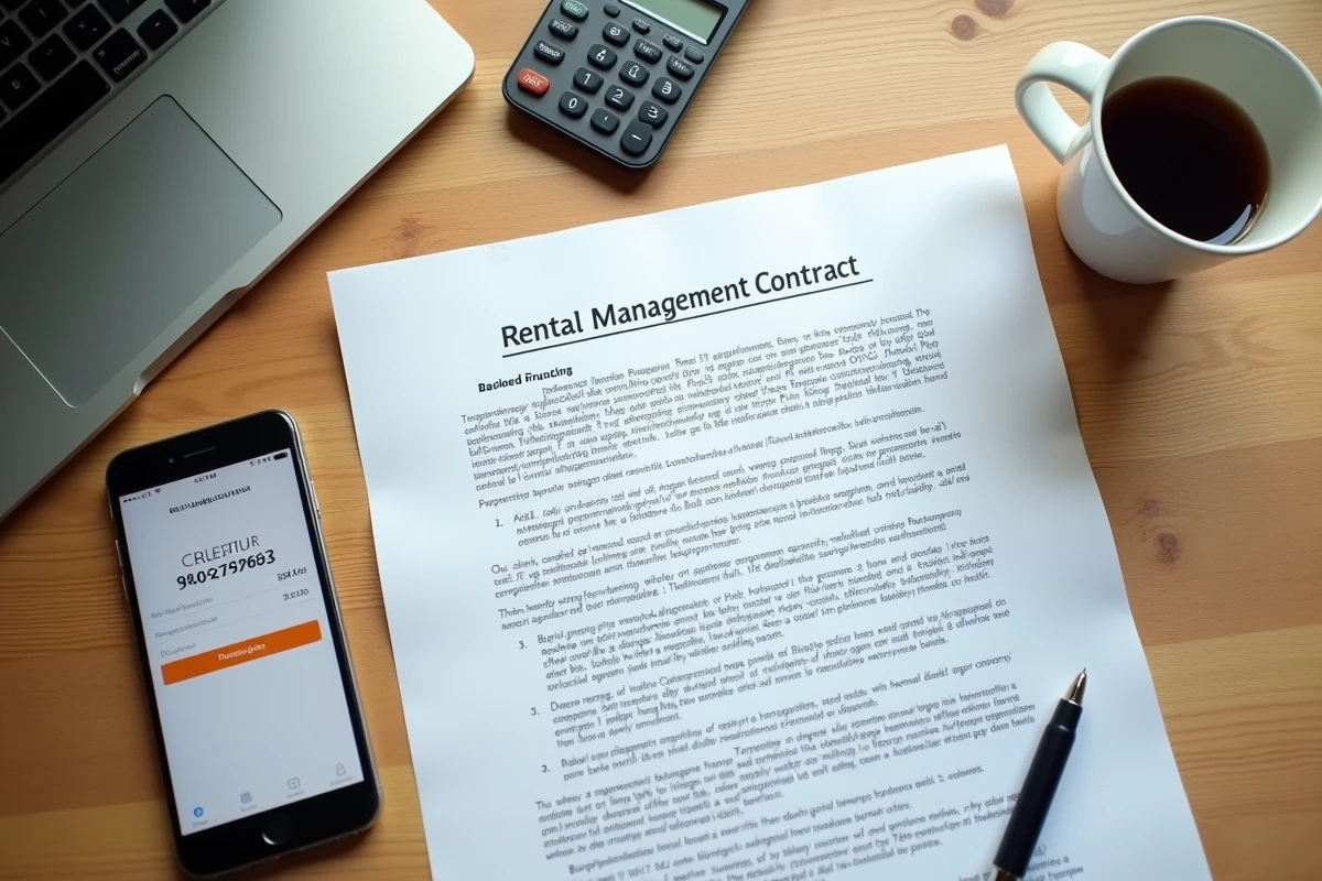 Vue en plongée d'un contrat de gestion locative, smartphone avec application bancaire et calculatrice sur un bureau en bois