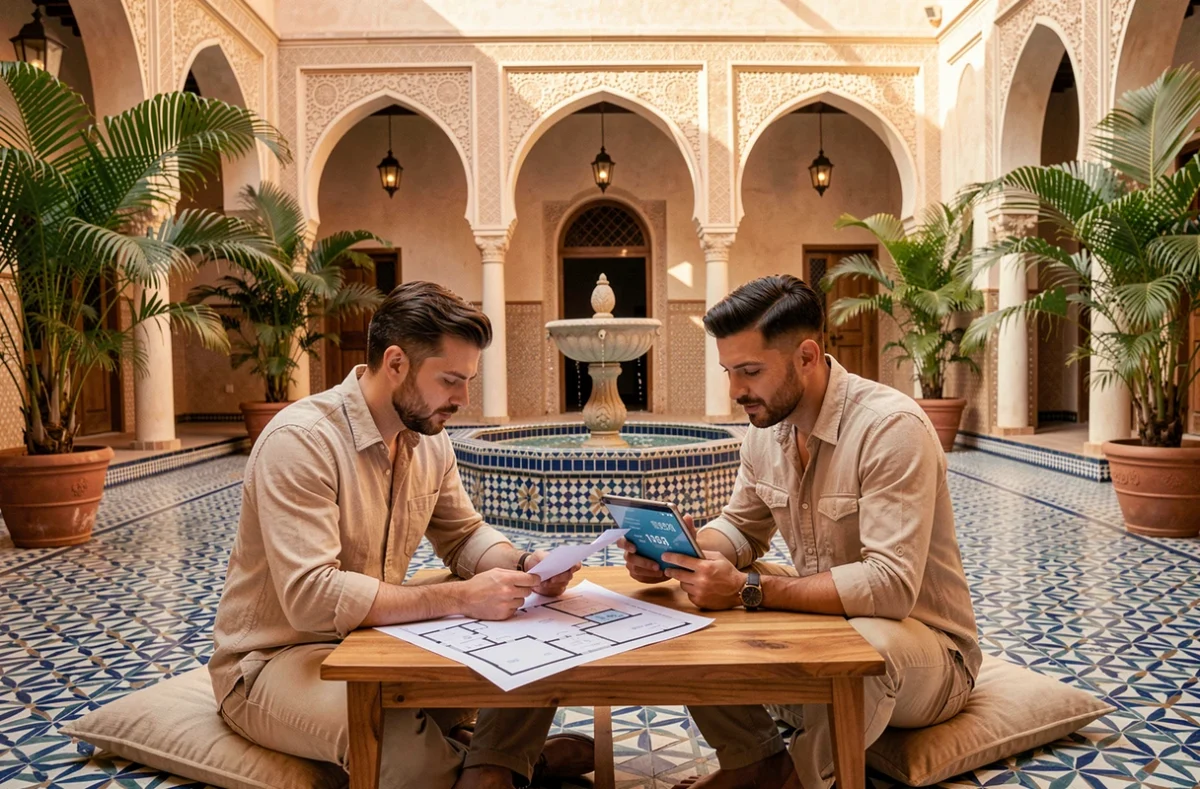 Couple consultant des plans immobiliers dans le patio d'un riad rénové à Marrakech