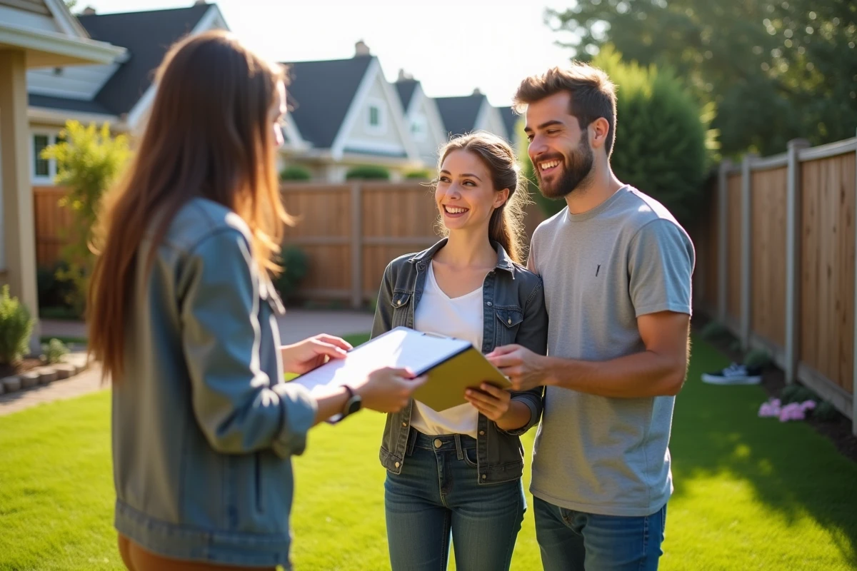 Jeune couple souriant avec agent immobilier dans un jardin ensoleille