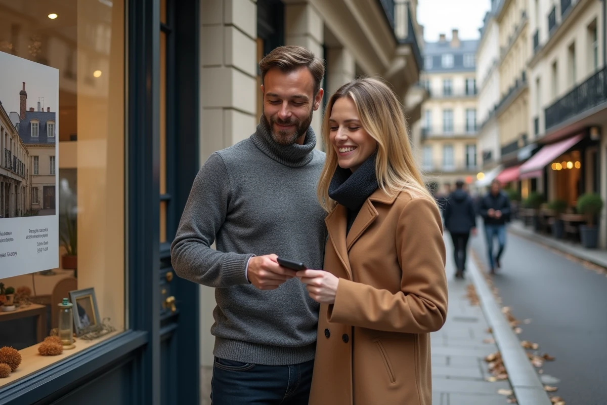 Couple consultant les annonces d'investissement locatif en vitrine d'une agence Orpi dans le 10e arrondissement de Paris