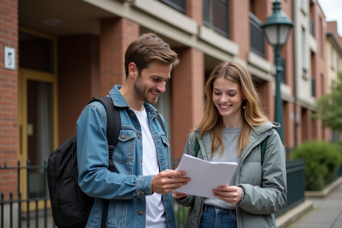 Jeune couple regardant une brochure immobiliere devant un immeuble