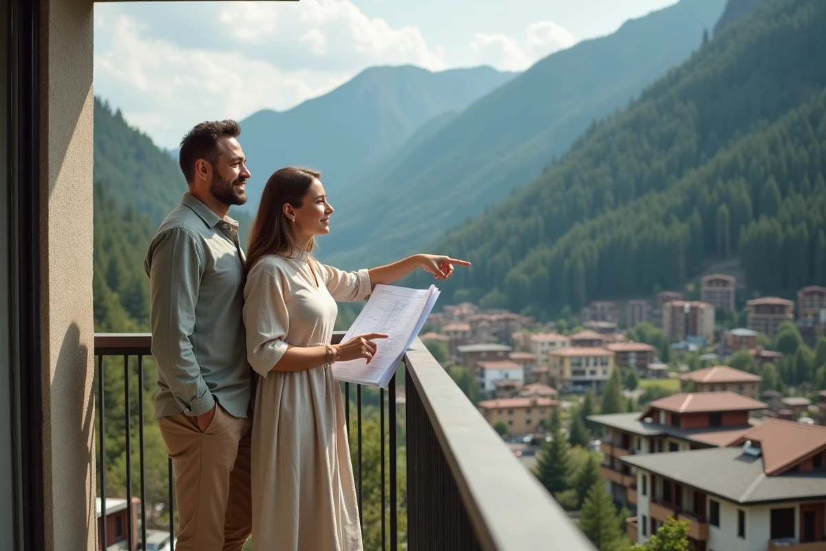 Couple d'expatriés consultant des plans immobiliers sur le balcon d'un appartement avec vue sur une vallée andorrane