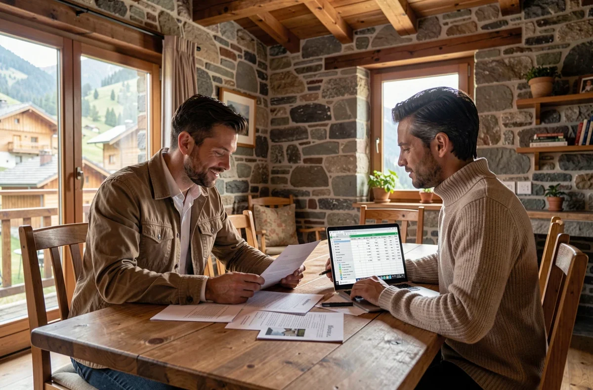 Couple étudiant les frais cachés d'un achat immobilier en Andorre autour d'une table avec documents et ordinateur