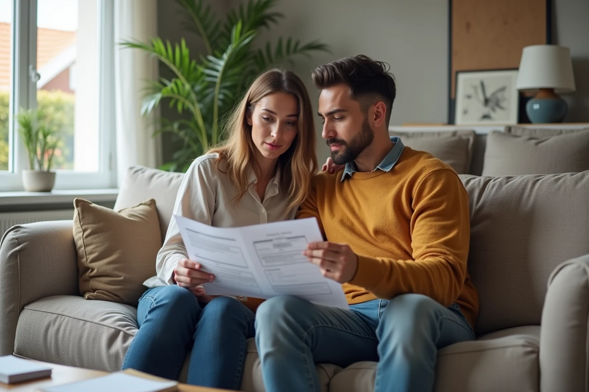 Couple discutant d une evaluation immobiliere dans leur salon