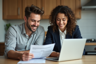 Jeune couple professionnel examine des documents immobiliers