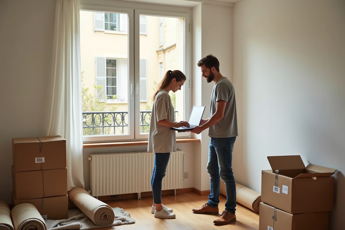 Couple de télétravailleurs entourés de cartons dans leur nouvel appartement dans le sud après un déménagement