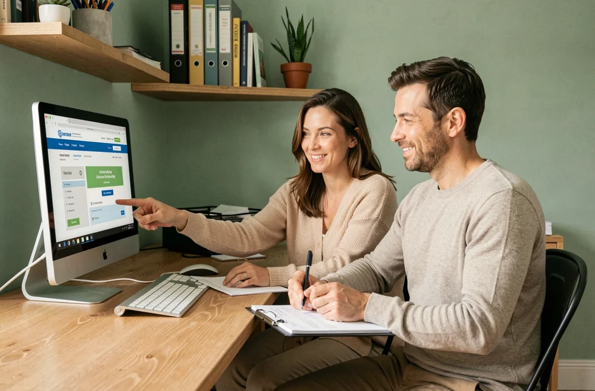 Couple comparant un devis d'assurance maison en ligne dans leur bureau à domicile
