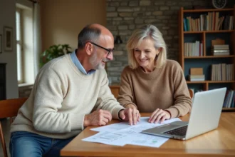 Couple d'adultes discutant de documents dans un intérieur lumineux
