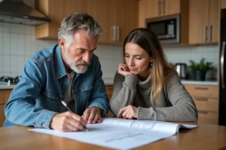 Couple examine dossiers dans une cuisine chaleureuse