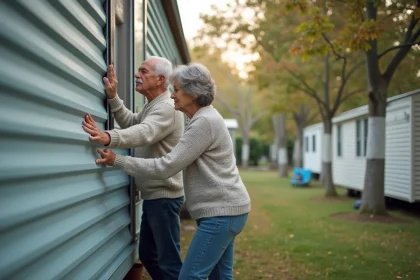 Couple inspectant la façade d'une maison mobile en camping