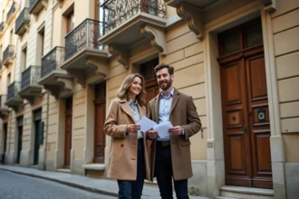 Couple souriant devant une maison ancienne à Lyon