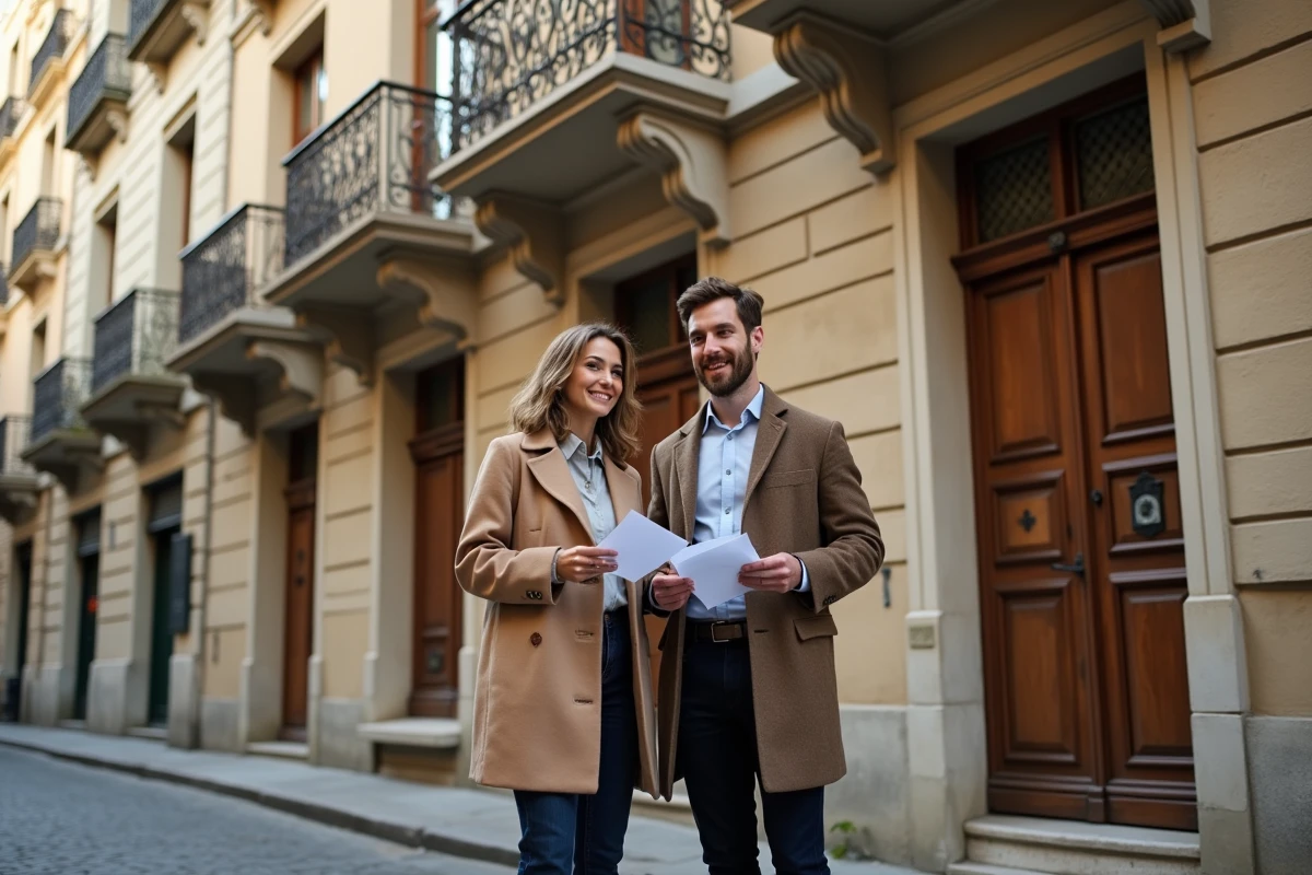 Couple souriant devant une maison ancienne à Lyon