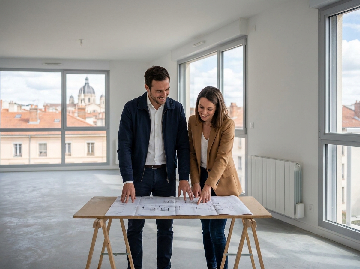 Couple examinant des plans dans un appartement neuf à Lyon lors d'un investissement immobilier