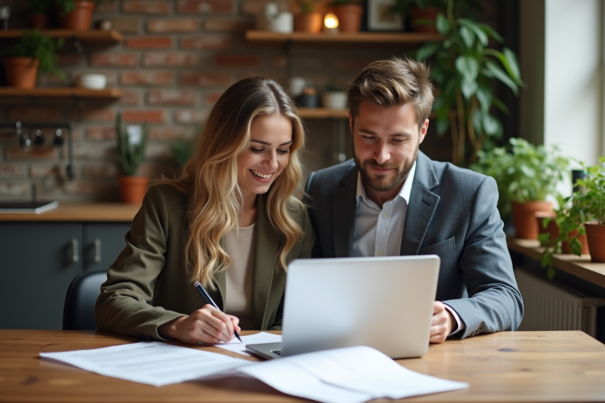 Jeune couple en cuisine examinant des documents de prêt immobilier