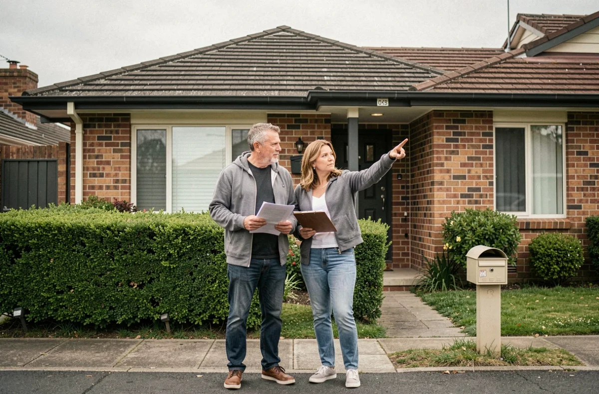 Couple devant leur maison tenant des documents d'assurance habitation dans un quartier résidentiel