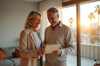 Couple marocain moderne examine une brochure dans un salon lumineux