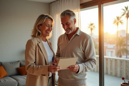 Couple marocain moderne examine une brochure dans un salon lumineux