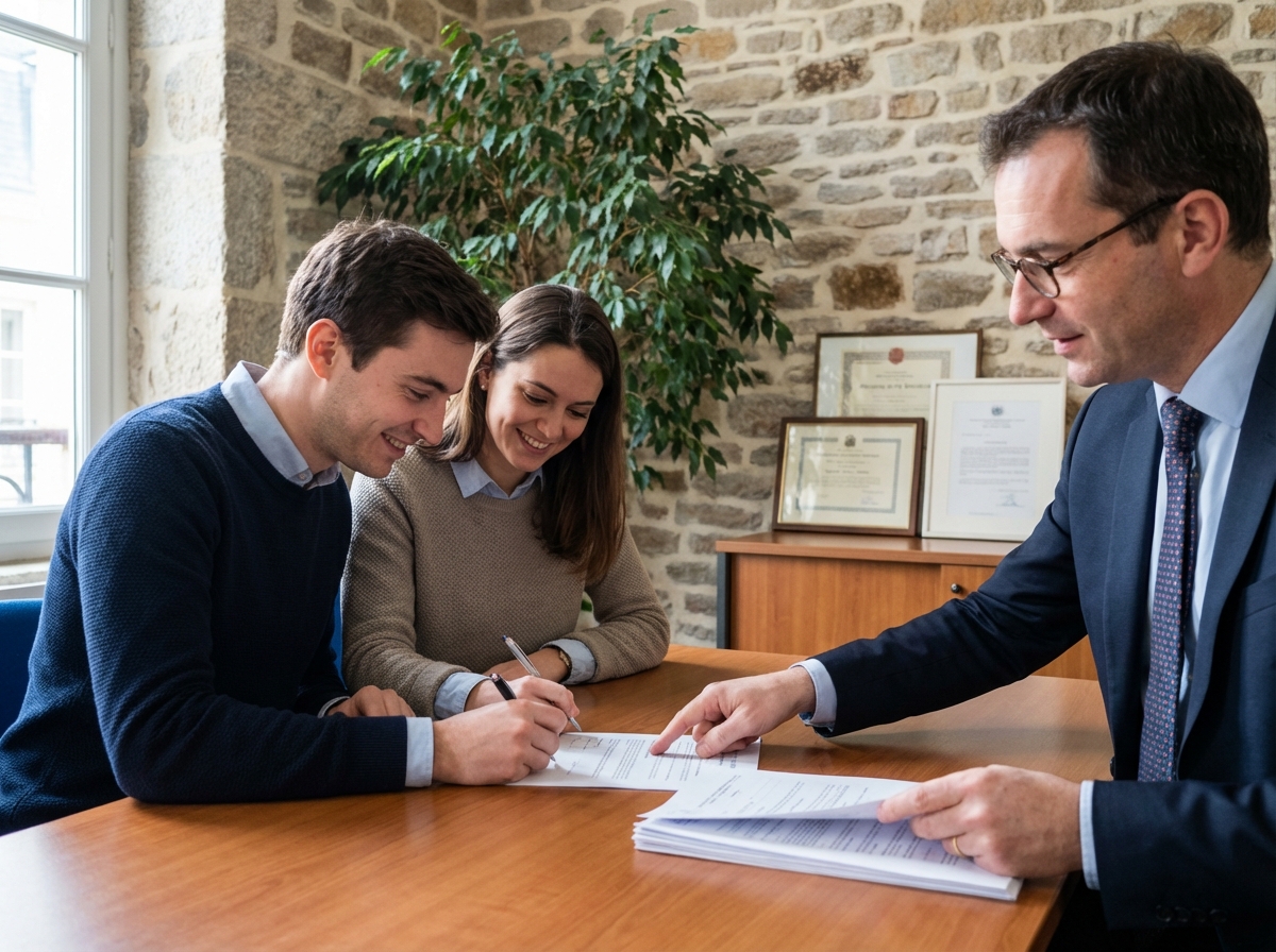 Jeune couple et notaire discutent de documents immobiliers à Nantes
