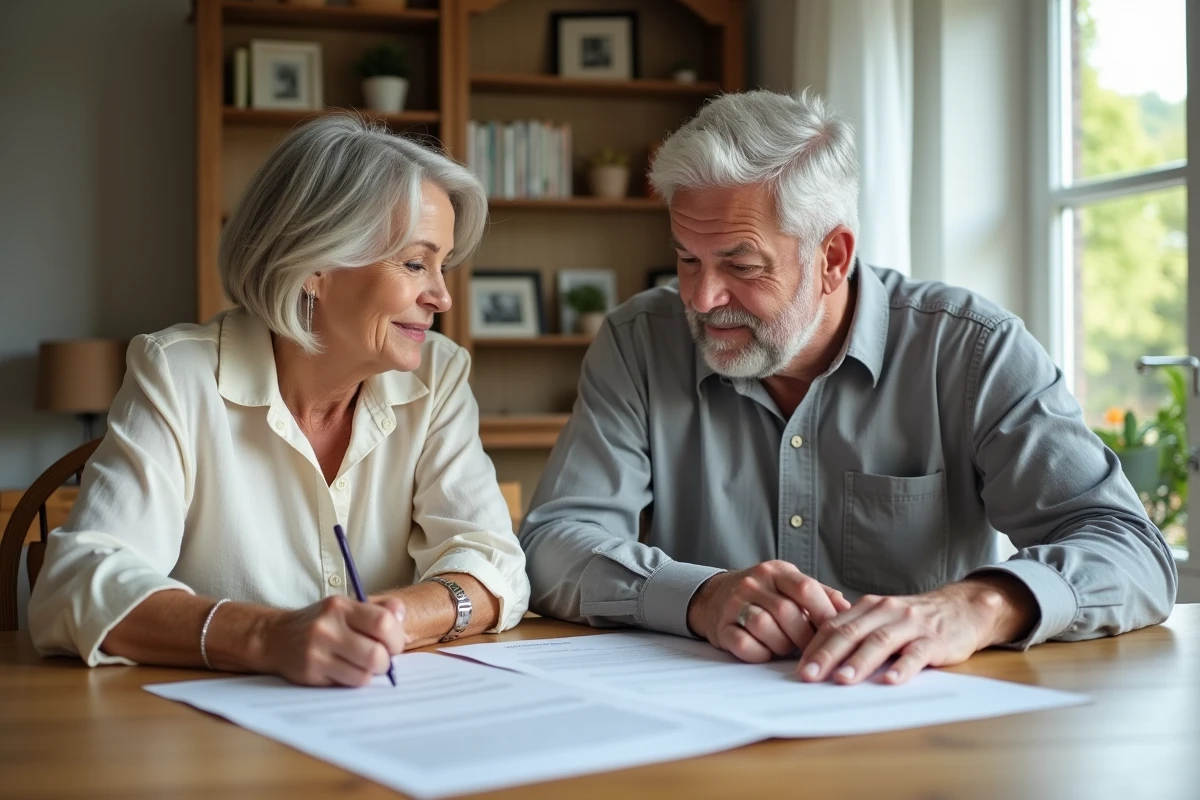 Couple de seniors discutant de leur planification successorale, donation et testament autour de documents d'usufruit à domicile