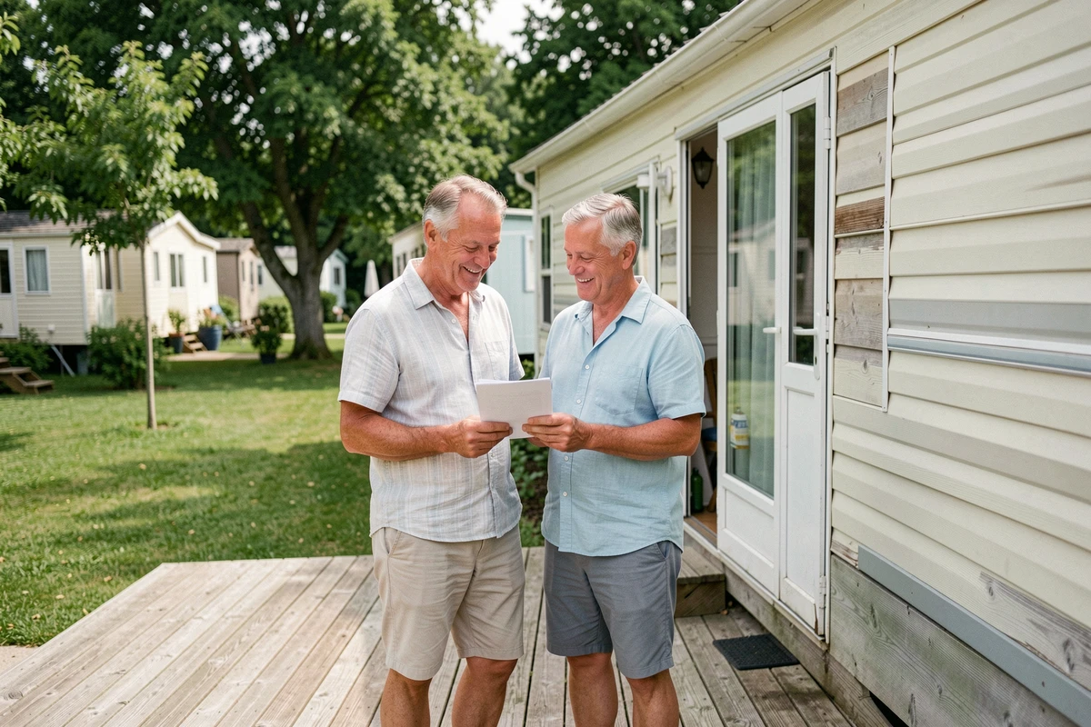 Couple de propriétaires devant leur mobil home en parc résidentiel, consultant des documents liés au statut LMNP