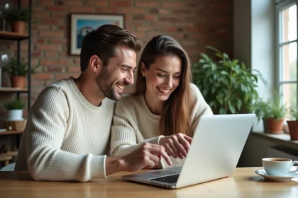 Jeune couple consultant le site lions-immobilier.com sur un ordinateur portable pour leur premier achat immobilier