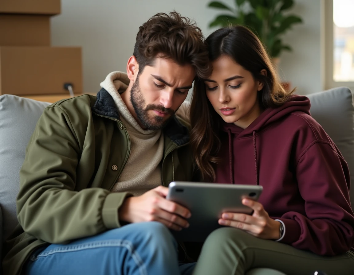Jeune couple consultant les annonces de logement social sur une tablette pour accélérer leur demande via LOC annonces