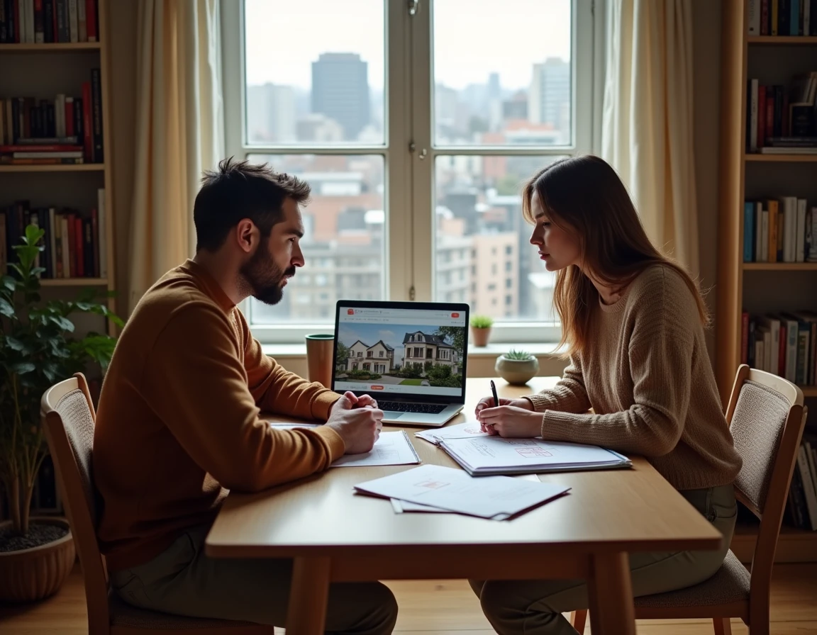 Couple étudiant des offres immobilières à domicile pour acheter dans une zone tendue