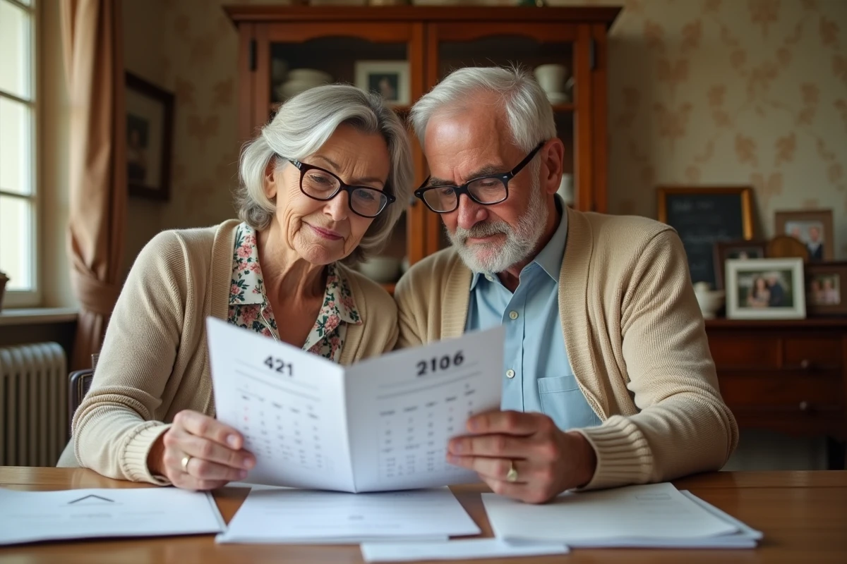Couple de seniors vérifiant les échéances CAF 2026 et les quittances de loyer ensemble